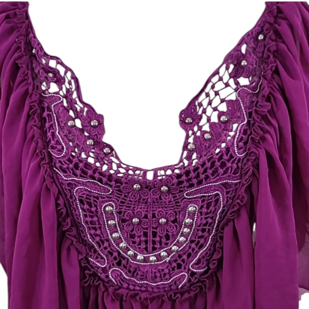 Moa Moa Purple Beaded Top Crochet Trim Flutter Sleeves Sz Large - Picture 3 of 11